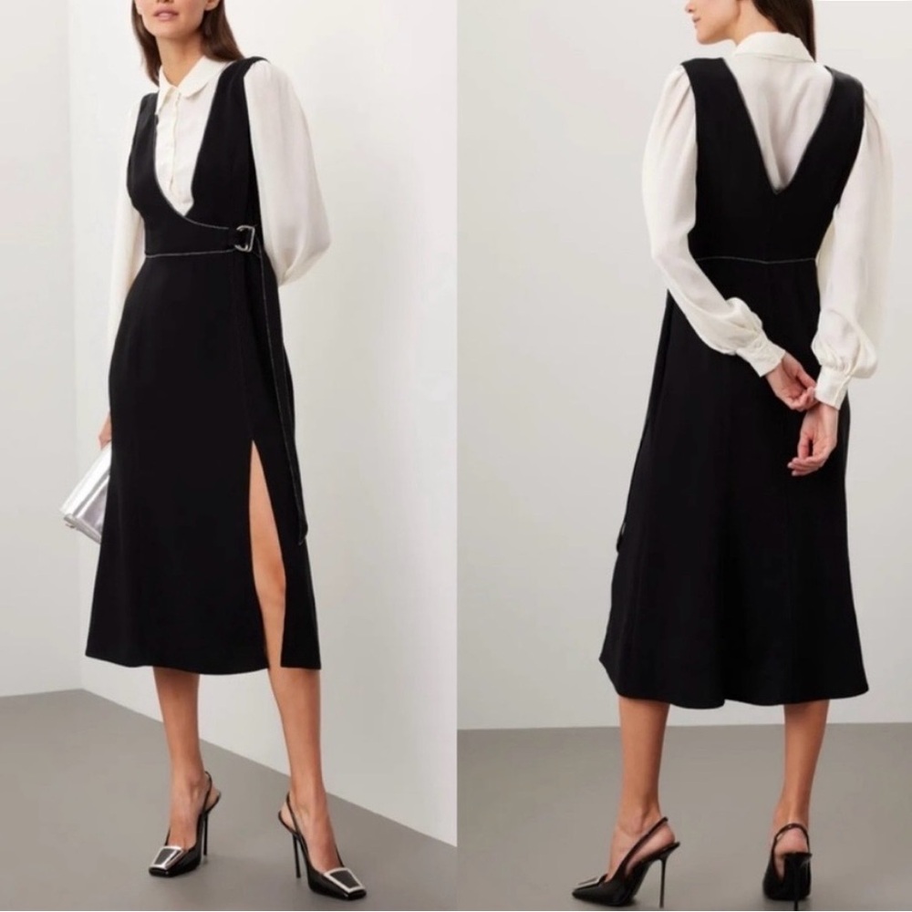 New Cinq a Sept Ambre Belted Midi Combo Crepe Shirt Dress Black White Sz 8
